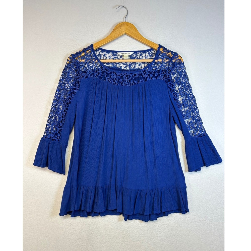 Boho Festival Tantrums Women LG Cobalt Blue Crochet Lace Bell Sleeve Ruffle Top